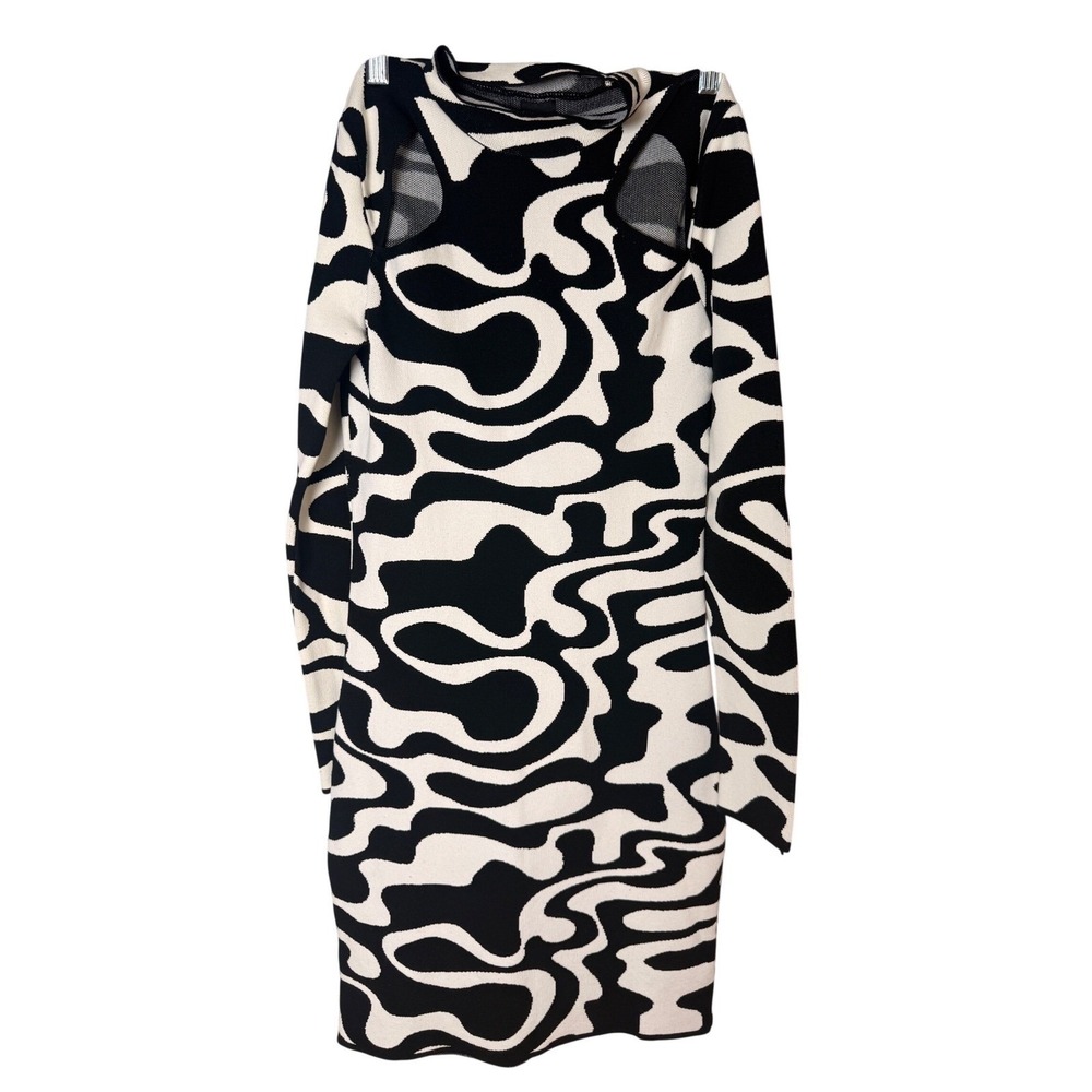 River Island Abstract Swirl Knit Bodycon Dress US 4 Black White‎ Mesh Cutout
